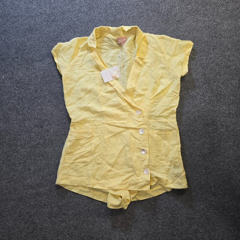 Show Me Your Mumu Romper Womens Size XL Yellow Linen Blend Shorts Button Casual